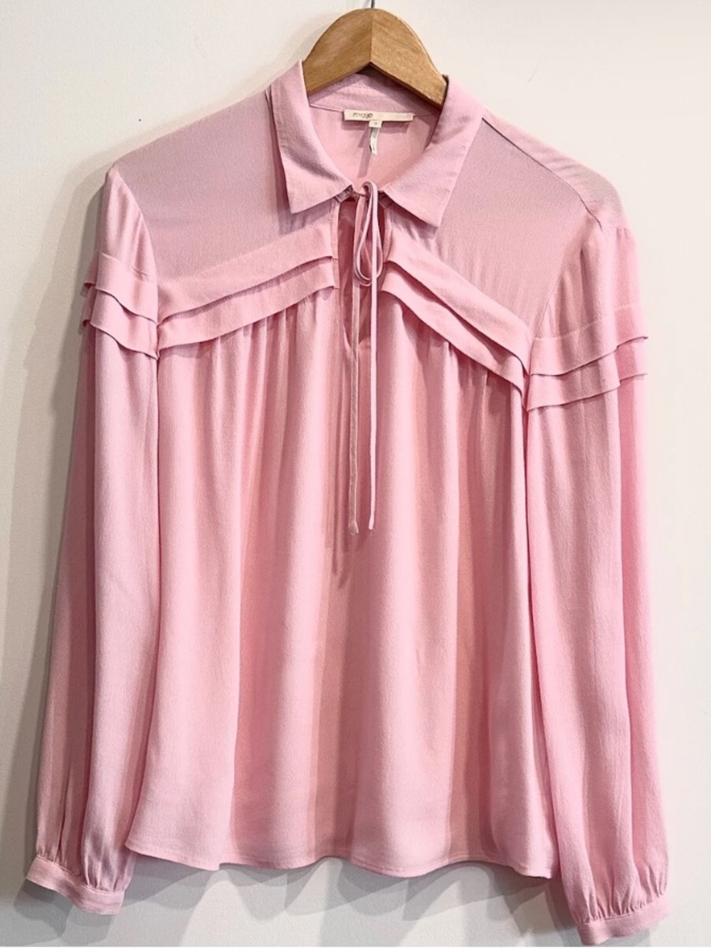 Maje Women's Light Pink Tie-Neck Layered Shoulder Blouse